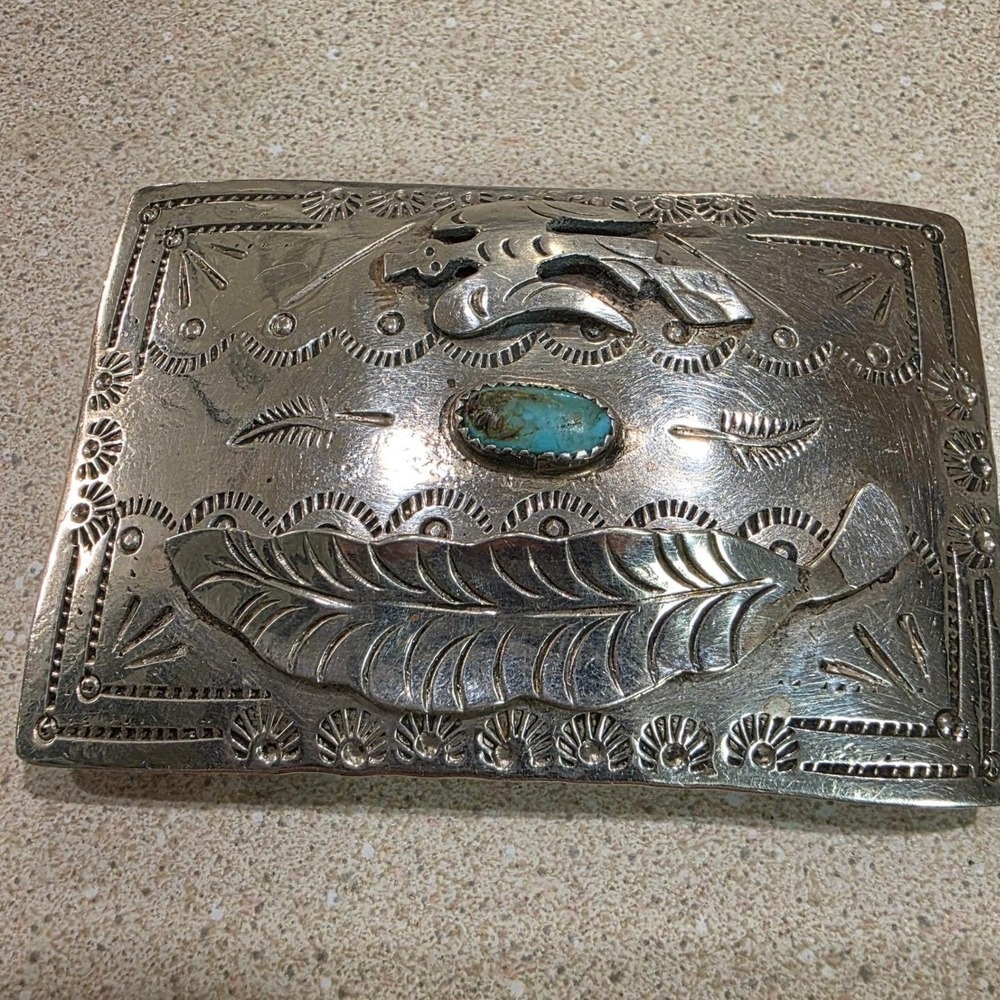 Vintage Belt Buckle Silver Turquoise Feather Western Handcrafted, Navajo?, GUC